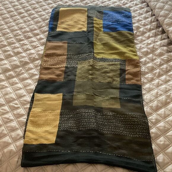 Oblong Scarf in Fall Colors with a Splash of Blue & Gold Metallic Thread. - Picture 3 of 3